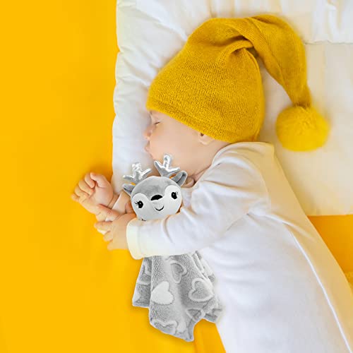 June Garden Cozy Dream Fleece Baby Security Blanket - Infants Nursery Bed Blankets - 15 x 15 inches Lovey - Stuffed Deer Animal Plush - Grey