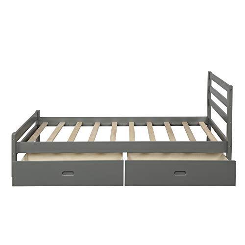 Twin Bed Frame with Drawers, Twin Bed Frame with 2 Storage Drawers, Wood Twin Platform Bed with Headboard for Kids Teens Boys Girls Adults, No Box Spring Needed, Easy Assembly, Grey