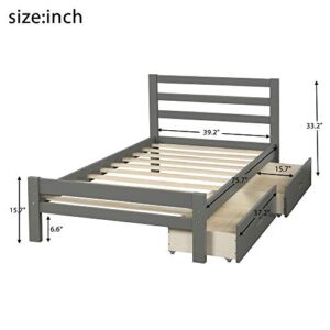 Twin Bed Frame with Drawers, Twin Bed Frame with 2 Storage Drawers, Wood Twin Platform Bed with Headboard for Kids Teens Boys Girls Adults, No Box Spring Needed, Easy Assembly, Grey