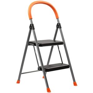 2 step ladder, folding metal step stool for adults, portable steel foldable step ladder for heavy duty, wide anti-slip pedal, lightweight and sturdy