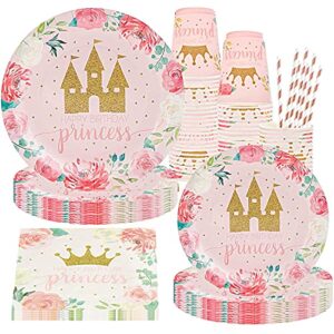 princess party supplies-princess party tableware set include princess castle plates, napkins, cups straws for girls princess baby shower decorations serves 10