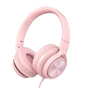 lorelei s9 wired headphones with microphone for school，on-ear kids headphones for girls boys，folding lightweight and 3.5mm audio jack headset for phone, ipad，tablet, pc, chromebook (pearl pink)