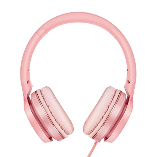 LORELEI S9 Wired Headphones with Microphone for School，On-Ear Kids Headphones for Girls Boys，Folding Lightweight and 3.5mm Audio Jack Headset for Phone, Ipad，Tablet, PC, Chromebook (Pearl Pink)