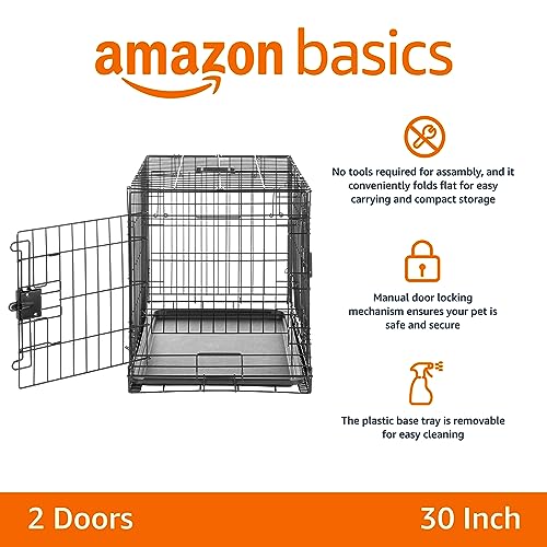 Amazon Basics Durable,Foldable Metal Wire Dog Crate with Tray, Double Door, 30 Inches, Black