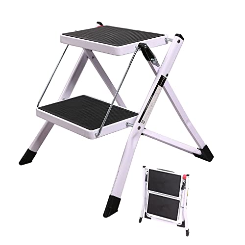 Varbucamp Step Ladder 2 Step Folding for Kitchen, Lightweight Portable Step Ladder with Sturdy Wide Pedal for Adults & Kids,White