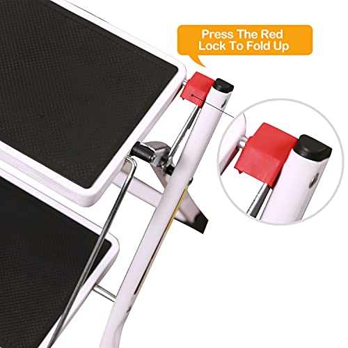 Varbucamp Step Ladder 2 Step Folding for Kitchen, Lightweight Portable Step Ladder with Sturdy Wide Pedal for Adults & Kids,White