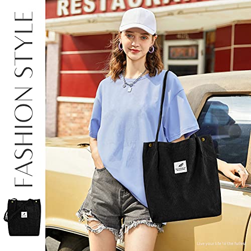 Corduroy Tote Bag for Women Girls Shoulder Bag with Inner Pocket For Work Beach Lunch Travel Shopping Grocery (Black, 1 Pcs)