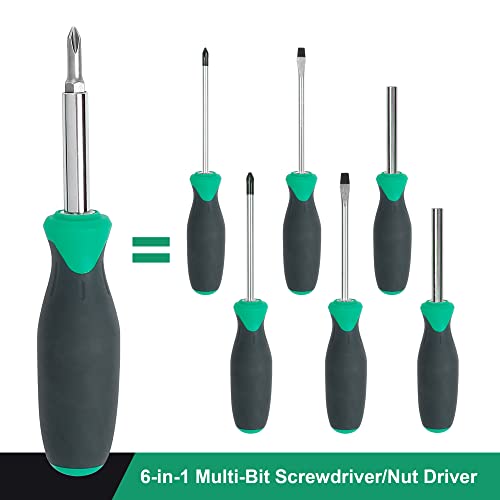 Amazon Brand - Denali 6 In 1 Multi-Bit Screwdriver/Nut Driver, Multicolor(Silver, Northern Glow Green, Grey)