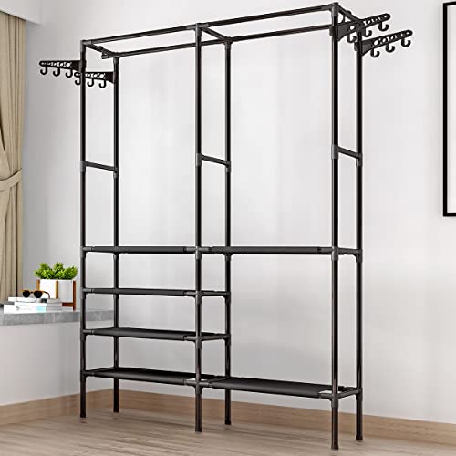 STONCEL 5-Tiers Metal Garment Clothes Rack with Shelves Freestanding Clothing Rack for Hanging Clothes Double Rods and 4 Side Hook, 33.8" L x 17.3" W x 68.5" H