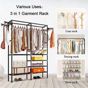 STONCEL 5-Tiers Metal Garment Clothes Rack with Shelves Freestanding Clothing Rack for Hanging Clothes Double Rods and 4 Side Hook, 33.8" L x 17.3" W x 68.5" H