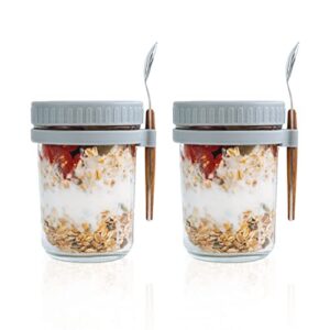smarch overnight oats jars with lid and spoon set of 2, 16 oz large capacity airtight oatmeal container with measurement marks, mason jars with lid for cereal on the go container (grey)
