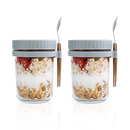 SMARCH Overnight Oats Jars with Lid and Spoon Set of 2, 16 oz Large Capacity Airtight Oatmeal Container with Measurement Marks, Mason Jars with Lid for Cereal On The Go Container (grey)