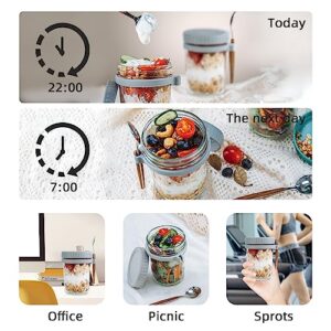 SMARCH Overnight Oats Jars with Lid and Spoon Set of 2, 16 oz Large Capacity Airtight Oatmeal Container with Measurement Marks, Mason Jars with Lid for Cereal On The Go Container (grey)