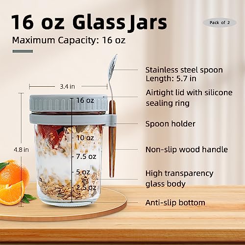 SMARCH Overnight Oats Jars with Lid and Spoon Set of 2, 16 oz Large Capacity Airtight Oatmeal Container with Measurement Marks, Mason Jars with Lid for Cereal On The Go Container (grey)