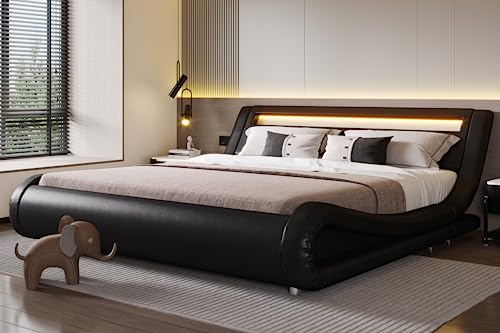 SHA CERLIN Wave-Like Curve Deluxe Upholstered Modern Bed Frame with LED Headboard/Mattress Foundation/No Box Spring Needed/Strong Wood Slats Support/Easy Assemble, Black, King