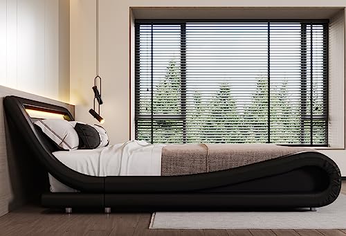 SHA CERLIN Wave-Like Curve Deluxe Upholstered Modern Bed Frame with LED Headboard/Mattress Foundation/No Box Spring Needed/Strong Wood Slats Support/Easy Assemble, Black, King