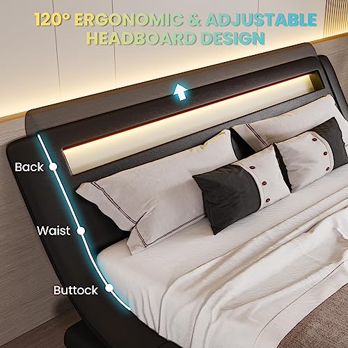 SHA CERLIN Wave-Like Curve Deluxe Upholstered Modern Bed Frame with LED Headboard/Mattress Foundation/No Box Spring Needed/Strong Wood Slats Support/Easy Assemble, Black, King