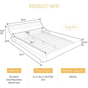 SHA CERLIN Wave-Like Curve Deluxe Upholstered Modern Bed Frame with LED Headboard/Mattress Foundation/No Box Spring Needed/Strong Wood Slats Support/Easy Assemble, Black, King