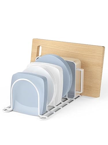 JAQ Pot Lids Holder, 10.5" Kitchenware Dividers Organizer for Plates, Pans, Cutting Boards, Muffin Tins, Baking Sheets in Cabinets Shelf Countertop Pantry (2-Pack, White)