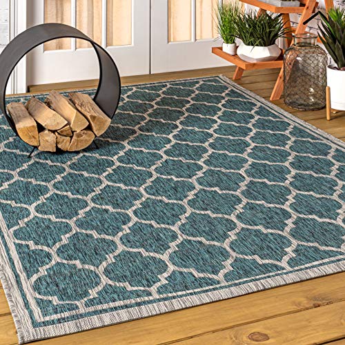 JONATHAN Y SMB109E-9 Trebol Moroccan Trellis Textured Weave Indoor Outdoor Area Rug Bohemian Modern Easy Cleaning Bedroom Kitchen Backyard Patio Non Shedding, 9 X 12, Teal/Gray