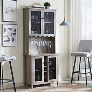 Home Source Jill Zarin Bar Cabinet in Grey Wash with Mesh Doors and Stem Glass Placement