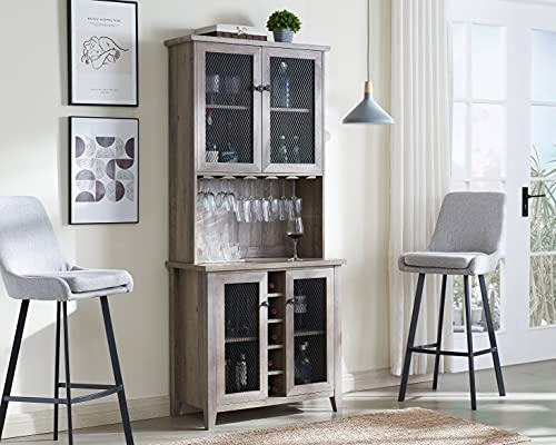 Home Source Jill Zarin Bar Cabinet in Grey Wash with Mesh Doors and Stem Glass Placement