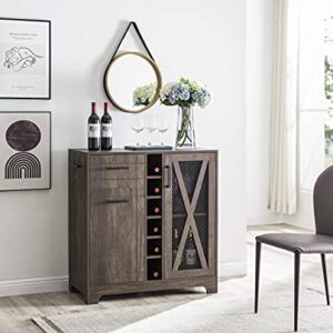 Home Source Oak Bar Cabinet with Wire Mesh Doors