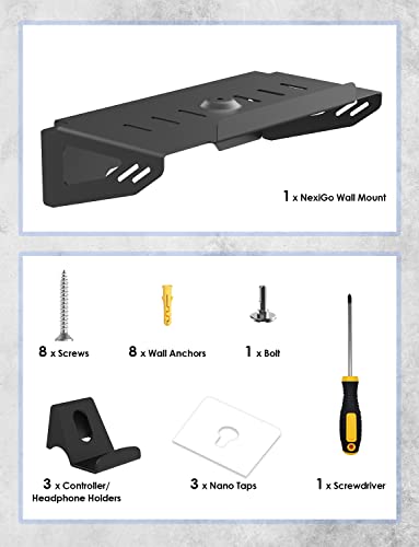 NexiGo Wall Mount Set for Playstation 5 (Disc & Digital), [Space Saving & Improved Airflow] Sturdy Steel Wall Stand Holder Mount PS5 Console Near or Behind TV w/Controller Holder & Headphone Hanger