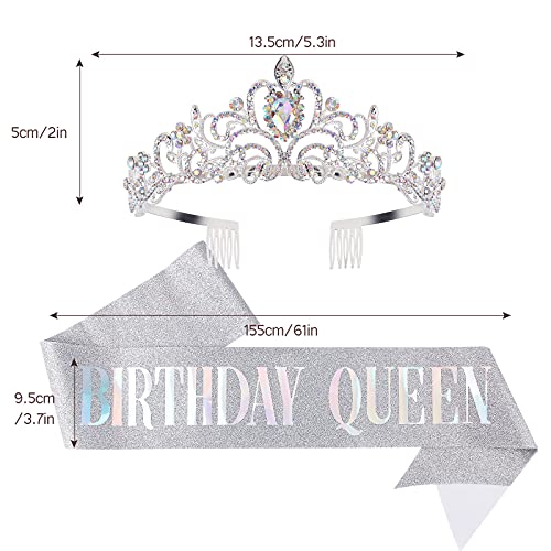 Casoty Birthday Queen Sash & Rhinestone Tiara Set, AB Rhinestones Birthday Crowns for Women, Happy Birthday Queen Tiara for Women with Comb, Birthday Tiara for Women, Birthday Sash and Tiara for Women