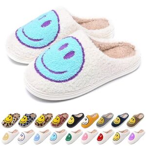 aiminuo women's men's retro preppy happy face slippers comfy warm plush slip-on house slipper for winter indoor soft cushion non-slip fluffy slides slippers white-cyan 6.5-7.5 women/6-7 men