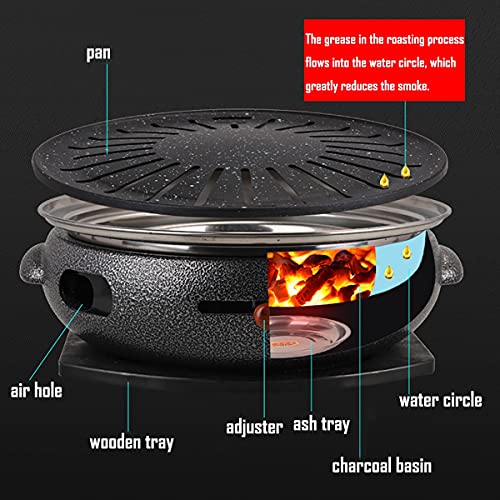 Cast Iron Charcoal Grill Burners Charcoal BBQ Grill Portable Tabletop Grill Food Charcoal Stove Household Barbecue Tools with Solid Wooden Tray Barbecues Burners (Color : Black, Size : 33x12cm)