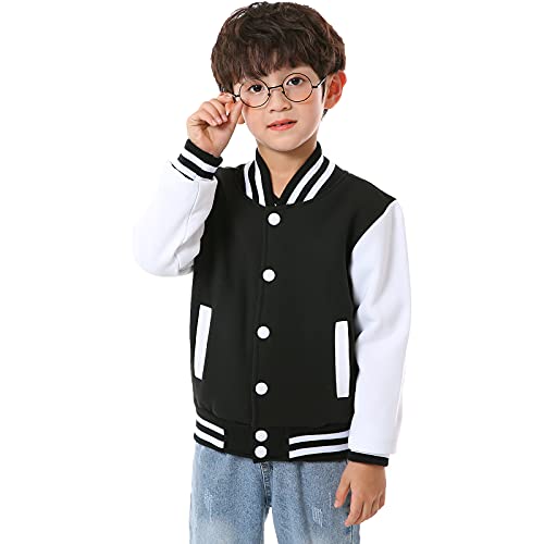 NHUHEQ Baseball Jackets Boys Girls Fit Varsity Jacket Kids Warm Combed Cotton Fleece Jackets (Black,4Y)