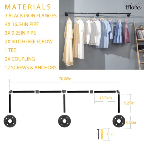 iflove Industrial Pipe Clothing Rack, 70 Inch Wall Mounted Clothes Rack, Wall Racks Hangers Laundry Room for Hanging Clothes, Closet Rods, Display Rack for Retail, SET OF 2, Black with 4 Hooks