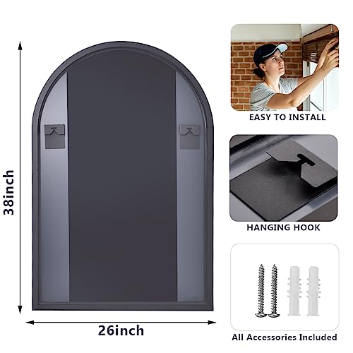 HARRITPURE 26" x 38" Wall Mirror Arched Bathroom Mirrors Aluminum Alloy Frame Contemporary Hanging Vanity Mirror for Bathroom Living Room Bedroom Entryway, Black