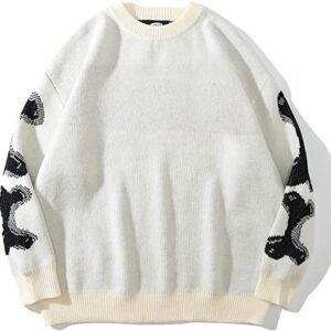 Vamtac Mens Vintage Oversize Skeleton Pattern Graphic Sweater Long Sleeve Round Neck Knitted Unisex Pullover Jumper Sweaters