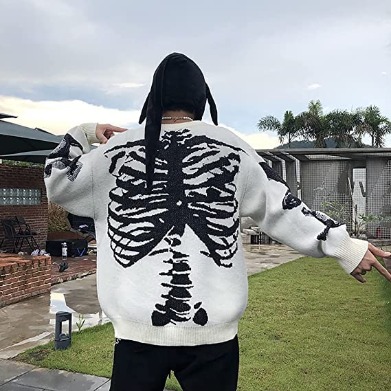 Vamtac Mens Vintage Oversize Skeleton Pattern Graphic Sweater Long Sleeve Round Neck Knitted Unisex Pullover Jumper Sweaters