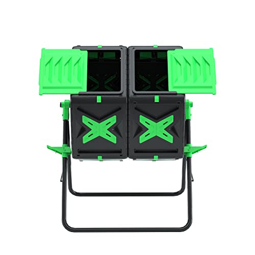 SQUEEZE master Large Dual Chamber Compost Bin Tumbler Outdoor Garden- Easy Rotating- Sturdy Steel Frame-Fast Composting (Green, 2 × 18.5 Gallon)