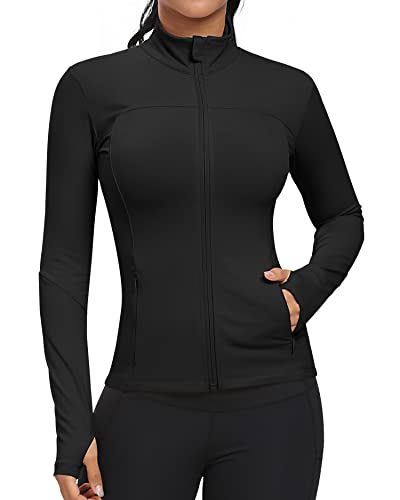 GYM RAINBOW Workout Jackets for Women, Full Zip Slim Fit Lightweight Athletic Running Sports Track Jacket with Pockets(1-Black,Medium)