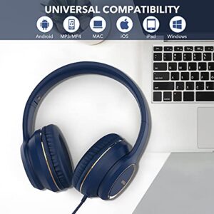 RORSOU R8 On-Ear Headphones with Microphone, Lightweight Folding Stereo Bass Headphones with 1.5M No-Tangle Cord, Portable Wired Headphones for Smartphone Tablet Computer MP3 / 4 (Blue)