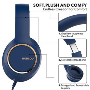 RORSOU R8 On-Ear Headphones with Microphone, Lightweight Folding Stereo Bass Headphones with 1.5M No-Tangle Cord, Portable Wired Headphones for Smartphone Tablet Computer MP3 / 4 (Blue)