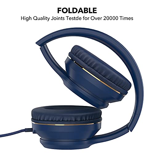 RORSOU R8 On-Ear Headphones with Microphone, Lightweight Folding Stereo Bass Headphones with 1.5M No-Tangle Cord, Portable Wired Headphones for Smartphone Tablet Computer MP3 / 4 (Blue)