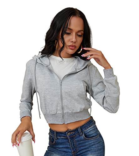 milanpavilion Women's Cropped Zip Up Hoodie Sweatshirt Long Sleeve Zipper Basic Workout Crop Jacket Teen Zipper Hoodie Grey