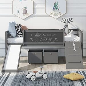 low loft bed with slide, twin loft bed with storage boxes, wood twin low loft bed frame with climbing ladder and chalk board for kids boys girls teens, grey