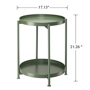 danpinera 2 Tier Metal Side Table with Removable Tray, Folding End Outdoor Small Accent Table, Anti-Rust Green Nightstand for Bedroom Balcony Patio (Dark Green)