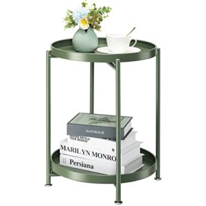 danpinera 2 tier metal side table with removable tray, folding end outdoor small accent table, anti-rust green nightstand for bedroom balcony patio (dark green)