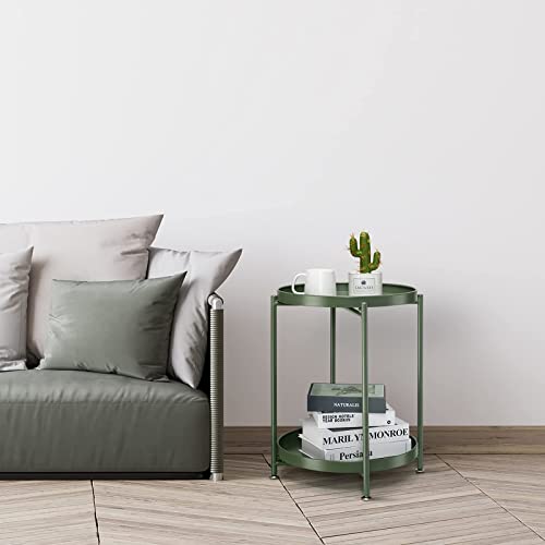 danpinera 2 Tier Metal Side Table with Removable Tray, Folding End Outdoor Small Accent Table, Anti-Rust Green Nightstand for Bedroom Balcony Patio (Dark Green)