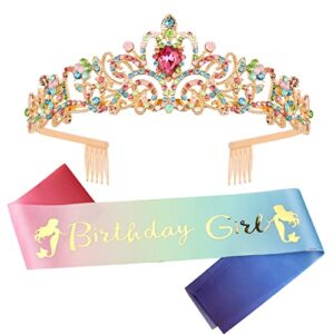 velscrun birthday girl crown, birthday sash for girls, tiaras for girls, princess crown tiara for girls, metal, happy birthday accessories tiara headband for girls, party favors