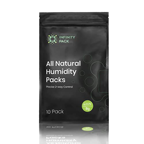 Infinity Pack 62% RH 8 g Humidity Packs (10 Pcs) - Natural Plant Based Solution for Storing up to 28 g Herbs - 2 Way Humidification - Patented Moisture Control Technology - with Resealable Bag