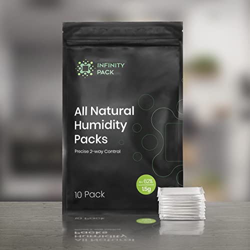 Infinity Pack 62% RH 1.5 g Humidity Packs (10 Pcs) - Natural Plant Based Solution for Storing up to 3.5 g Herbs - 2 Way Humidification - Patented Moisture Control Technology - with Resealable Bag