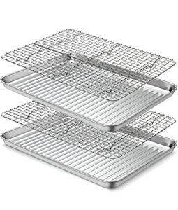 stainless steel baking sheet with rack set [2 pans + 2 racks], cookie sheet with cooling rack, size 16 x 12 x 1 inch, non toxic & heavy duty & easy clean (16 x 12 x 1 inch)